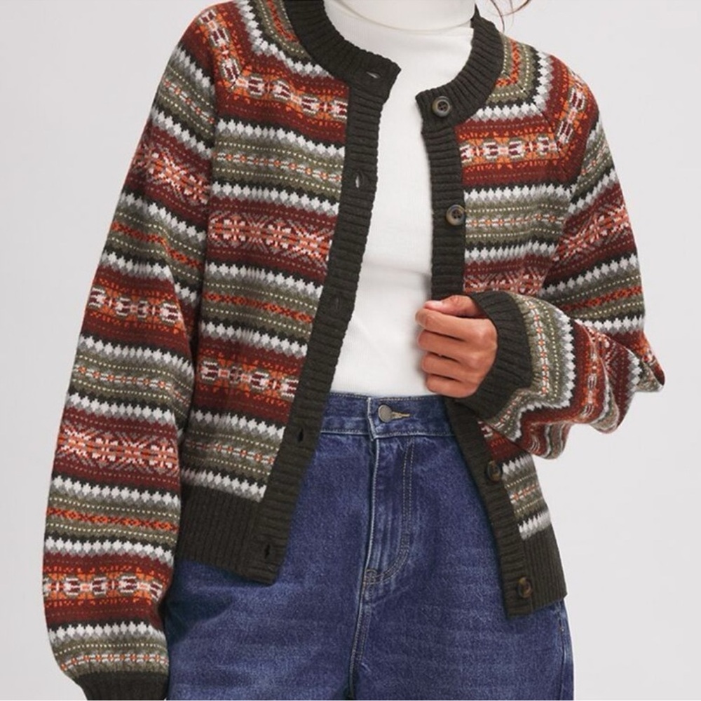 Basin + Range Fair Isle Stripe Wool Blend Crewneck Cardigan - Picture 4 of 5